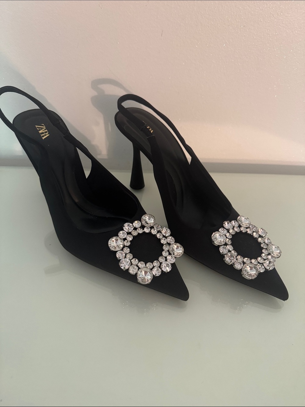 Zara Black Pointed Slingback Heels with Crystal Circle Accent